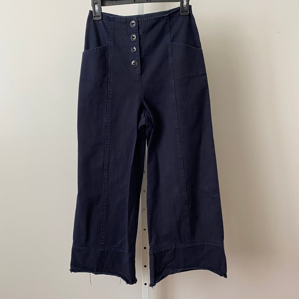 Intermix Cotton Lagenlook Quirky Raw Hem Button Fly Wide Leg Pant 2 Navy Blue